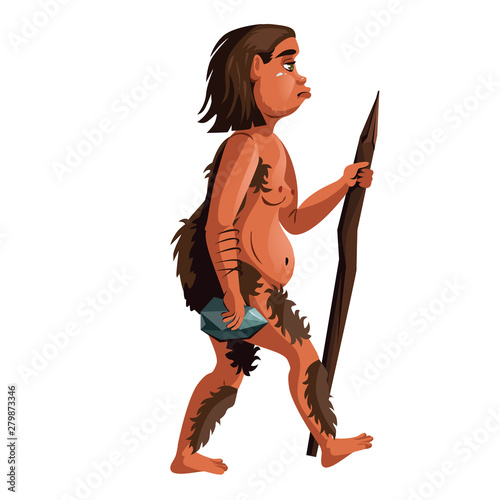Ancient homo erectus or caveman, human ancestor cartoon vector illustration. Neanderthal with wooden stick and stone in hands, one of stages in Darwin evolutionary theory, isolated on white background