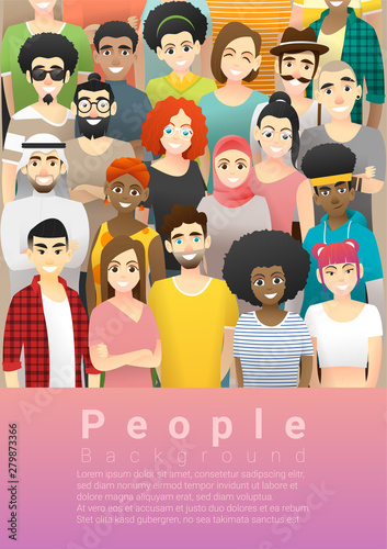 Diversity concept background , group of happy multi ethnic people standing together , vector , illustration