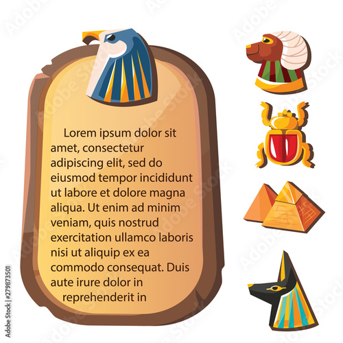 Stone board or clay tablet with falcon head and Egyptian sacred animals cartoon vector illustration Ancient object for recording storing information, graphical user interface for game design on white