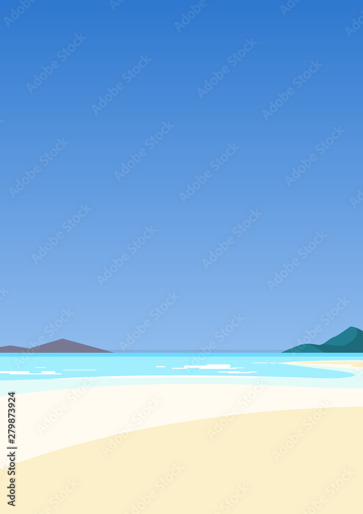 Beautiful seascape. Azure sea and white sand. Tourism and travelling. Vector illustration