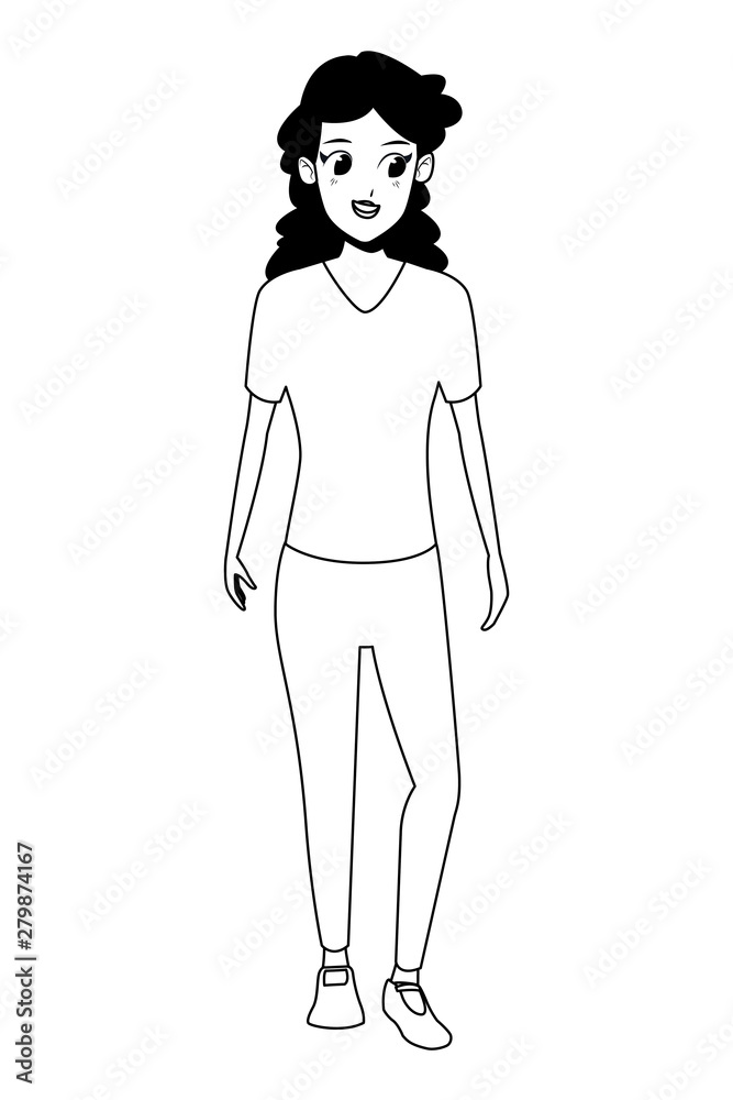 Young woman smiling cartoon in black and white Young woman smiling cartoon in black and white