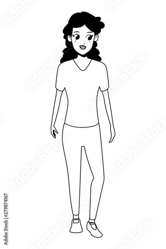 Young woman smiling cartoon in black and white
