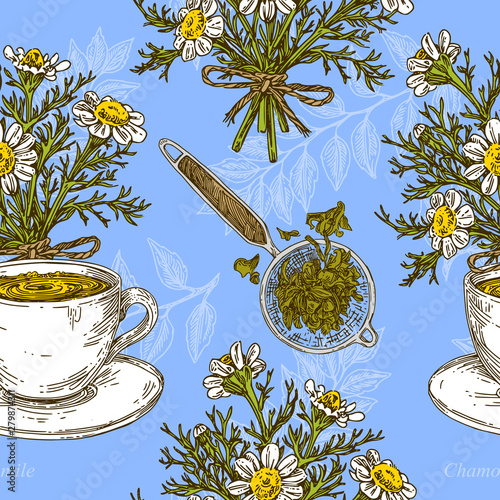 Beautiful vintage blue seamless pattern. Chamomile, tea cup and strainer. Color. Engraving style/ Vector illustration.