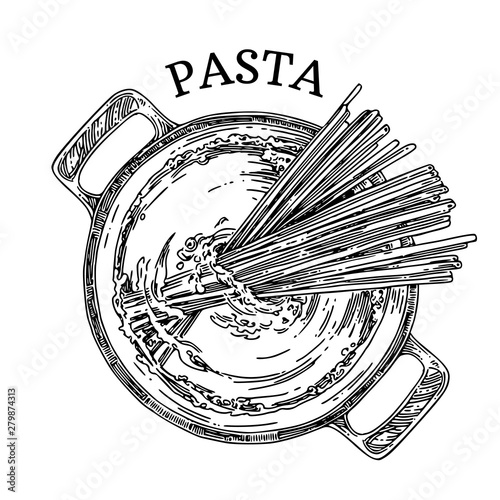Pan with pasta. Cooking spaghetti. View top. Sketch. Engraving style. Vector illustration.