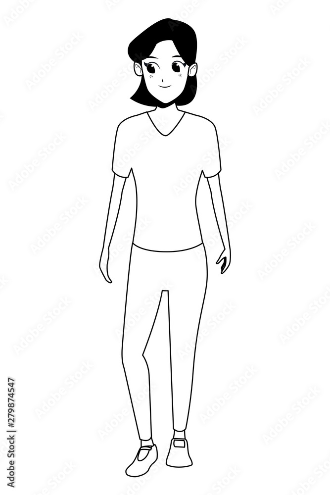 Young woman smiling cartoon in black and white Young woman smiling cartoon in black and white