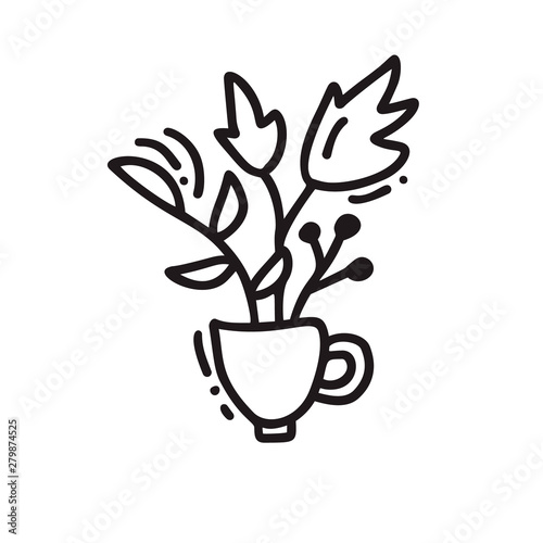 Hand drawn vector doodle illustration of tea cup. Mug icon line symbol. Monoline quality sketch art with leaves and berries