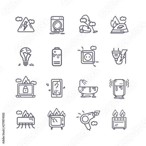 Broken Appliances Black Thin Line Icon Set. Vector