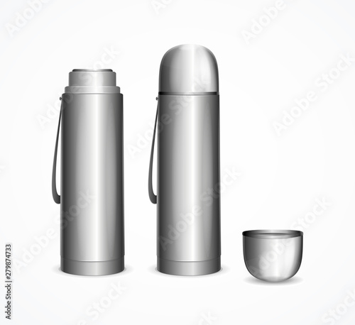 Realistic Detailed 3d Silver Blank Thermos Template Mockup Set. Vector