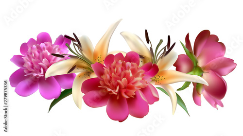 Flowers. Peonies. Floral background. Green leaves. Pink. White lilies.