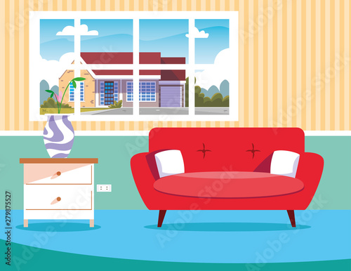 living room sofa table with flowers window