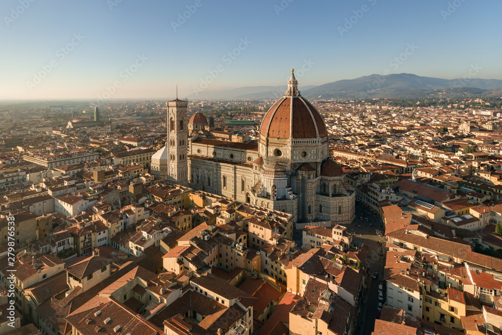 panoramic view of Florence and Basilica di Santa Maria del Fiore, Saint Mary. aerial shot, drone.