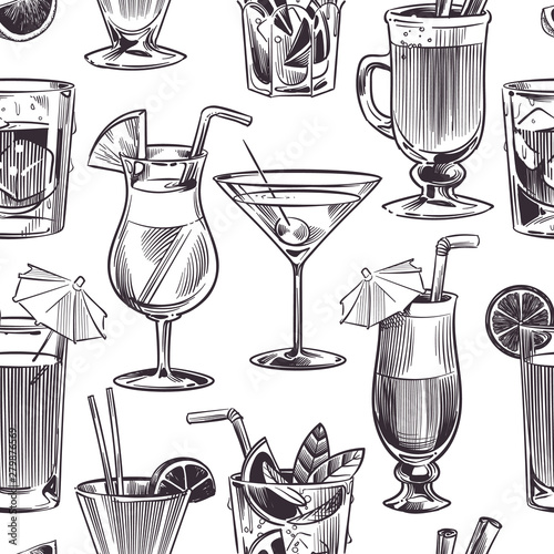 Cocktail seamless pattern. Hand drawn cocktails and alcohols drink with different wineglasses, bar menu. Vector texture illustration