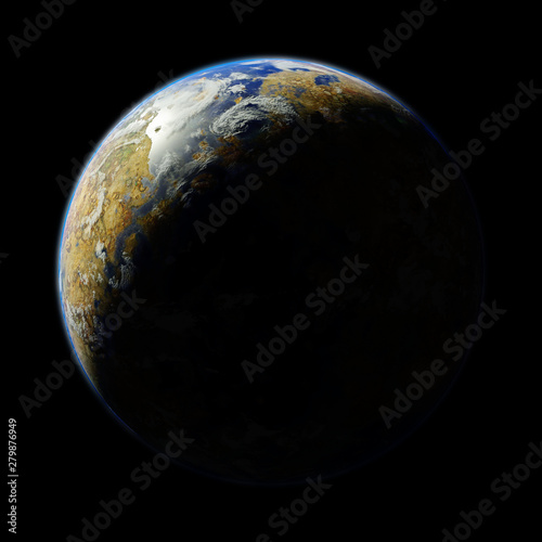 sunrise over alien planet, exoplanet with surface water, clouds and plant life isolated on black background