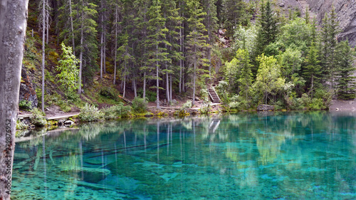 serene blue green lake reflecting the surrounding forest