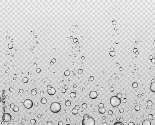Bubbles underwater texture. Soda bubble flow. Effervescent oxygen in aquarium. Fizzing champagne air sparkles isolated vector set