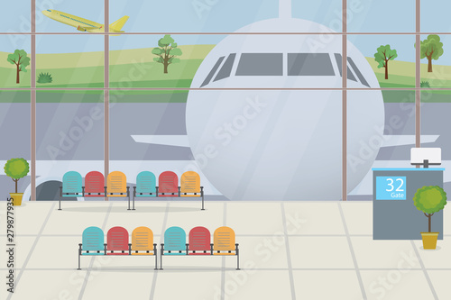 Empty airport interior with furniture.Airplane on runway.Passenger terminal without people.