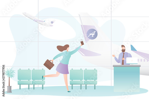 Airport interior and running girl with suitcase,male flight attendant