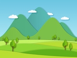 Paper field landscape. Summer landscape with green hills and blue sky, white clouds. Layered papercut creative vector 3d nature image