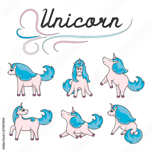 Set of cute unicorns. Picture for baby birthday invitation. Fancy magical illustration of a girlish fairy pony for kids.