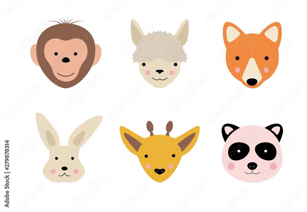 Cartoon cute animal faces. Hand drawn characters. Abstract creative concept of fox, bunny, llama, monkey, panda, giraffe for baby card, invitation, posters, t-shirts Cartoon cute animal faces. Hand drawn characters. Abstract creative concept of fox, bunny, llama, monkey, panda, giraffe for baby card, invitation, posters, t-shirts