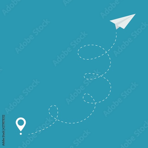 Travel paper airplane route. Trendy line dashed trace and plane routes. Vector icon of air plane flight route with start point and hearted airplane path