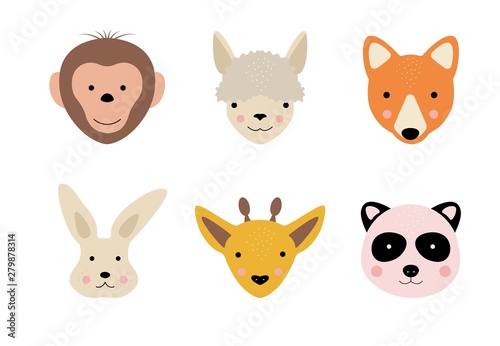 Cartoon cute animal faces. Hand drawn characters. Abstract creative concept of fox, bunny, llama, monkey, panda, giraffe for baby card, invitation, posters, t-shirts