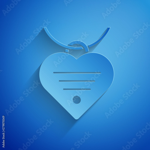Paper cut Collar with name tag and heart icon isolated on blue background. Simple supplies for domestic animal. Cat and dog care. Pet chains. Paper art style. Vector Illustration