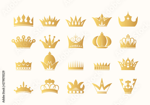 Hand drawn kings and queens golden crown silhouettes collection. Gold imperial diadems set. Vintage royal heraldic symbols.