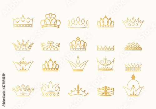 Hand drawn kings and queens golden crown silhouettes collection. Vintage royal gold heraldic symbols. Imperial icons.
