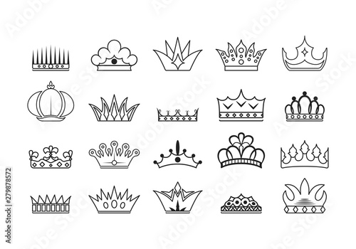Set of classic royal kings and queens crown silhouettes and outlines. Imperial heraldic symbols. Exclusive premium branding elements.