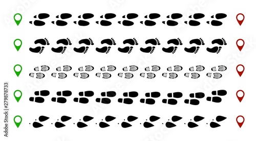 Funny human footsteps shoes footprint. Follow foot shoe route steps track, bare feet walk path with navigation pin. People footsteps paws trail black silhouette