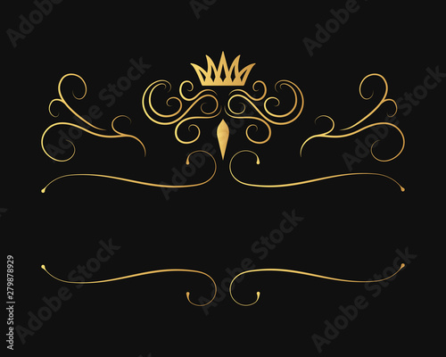Golden ornate crown frame. Hand drawn elegant gold vintage label for scotch, rum, tequila. Swirl Irish whiskey royal border.