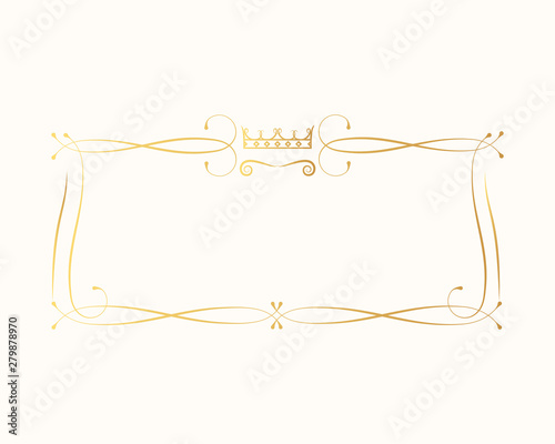 Hand drawn golden ornate crown frame. Elegant gold vintage label for bottle branding. Swirl Irish whiskey royal border.