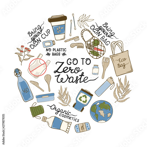 Zero Waste concept frame. Glass bottles, eco grocery bags, bamboo cutlery, toothbrush and brush, reusable cup. Environmentally friendly elements. No plastic, go green illustration.