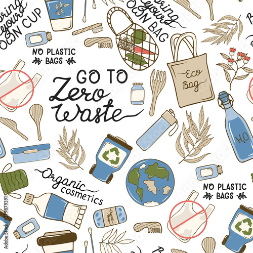 Zero Waste items and elements seamless pattern concept. Glass bottles, eco grocery bags, bamboo cutlery, toothbrush and brush, reusable cup. No plastic, go green illustration. 