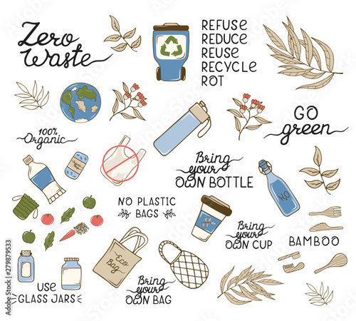 Zero Waste concept  items and elements. Glass bottles, eco grocery bags, bamboo cutlery, toothbrush and brush, reusable cup. Ecology elements. No plastic, go green illustration.