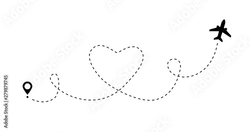Love travel airplane route. Romantic line heart dashed trace and plane routes. Vector icon of air plane flight route with start point and hearted airplane path