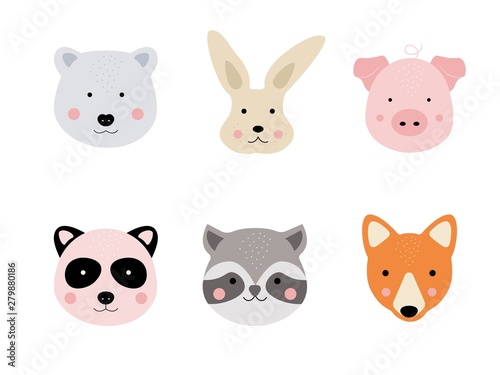 Cartoon cute animal faces. Hand drawn characters for baby card and invitation. Abstract creative concept of fox, bunny, bear, pig, panda, racoon