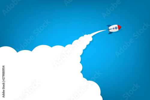 Rocket flying on blue sky and cloud. Business success and leadership creative concept idea.Vector illustration