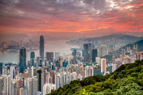 Hong Kong skyline at sunrise from Lugard Road on Victoria Peak, Hong Kong Island, Hong Kong, China photo