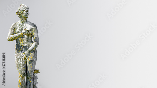 Ancient statue covered with moss and lichen of a young sensual renaissance era woman at grey background in Potsdam, Germany, details, closeup