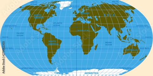 Vector map of the world. Oceans and continents on a flat projection.