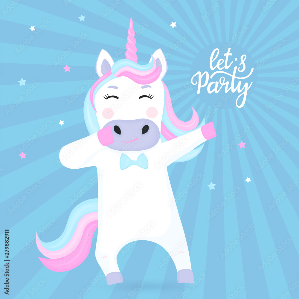 Funny unicorn dabbing cartoon character. Let's party hand drawn Stock  Vector | Adobe Stock