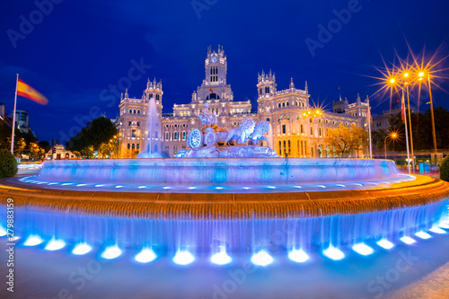 Cybele Palace and Cybele Fountain at Dusk, Madrid, Spain