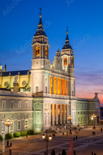 Exterior of Almudena Cathedral at Sunset, Madrid, Spain