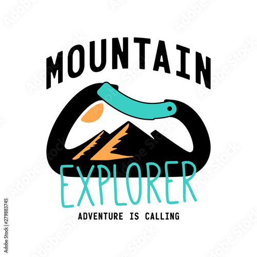 typography slogan mountain explorer with carabiner and alpine mountain silhouette inside background illustration for T-shirt and apparels graphic vector Print