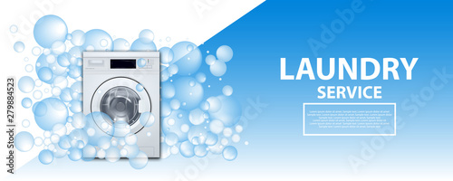 Laundry service banner or poster. Washing machine front loading background with soap bubbles. 3d realistic illustration. Laundry detergent advertising.