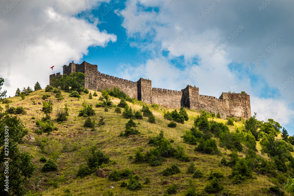 Ruins of medieval fortress Maglic on top of hill by the Ibar river in Serbia. Valley of this river is also called Lilac valley.