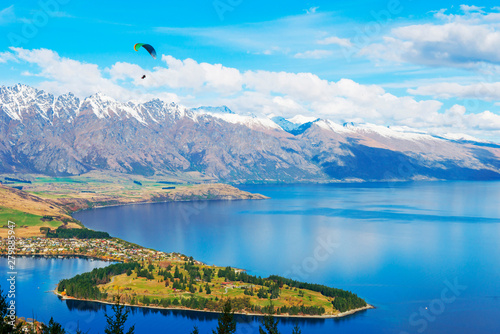 Paragliding over the Remarkables and Lake Wakatipu, Queenstown, South Island, New Zealand, photo