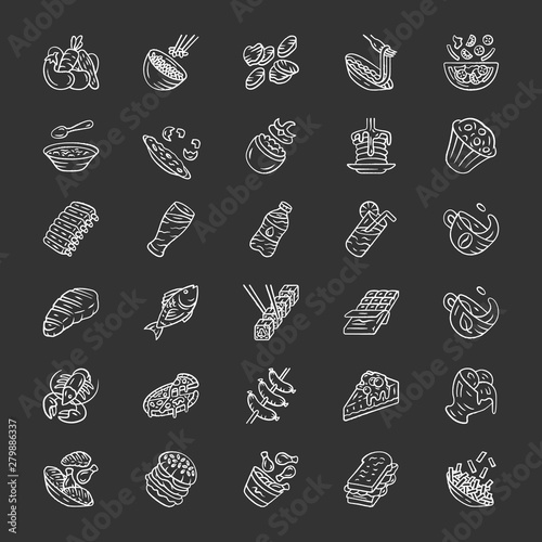 Menu dishes chalk icons set. Salads, first meal, main dishes. Burgers, pizza, beverages, desserts. Fast food, restaurant, cafe, bistro meal. Isolated vector chalkboard illustrations